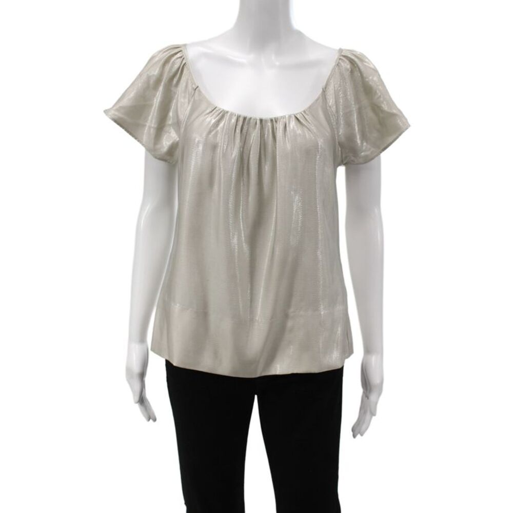 Madison Marcus Women Beige Silk Metallic Button Short Sleeve Blouse Size XS